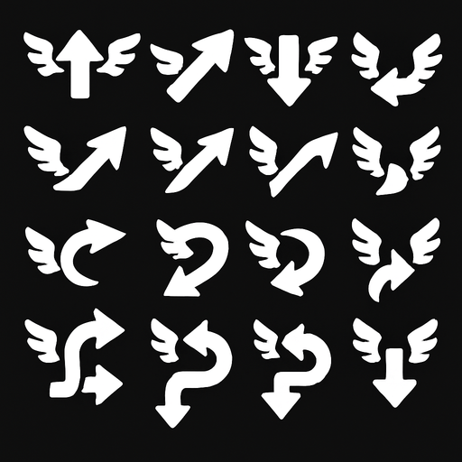 Spreite sheets of simple white arrows with wings.
In-Game asset.  2d.  High contrast.  No shadows