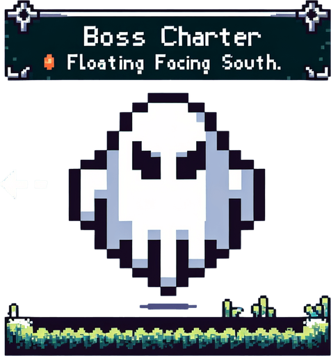 make a floating ghost 8bit boss for a game facing south.
Single Game Texture. In-Game asset. 2d. Blank background. High contrast. No shadows.