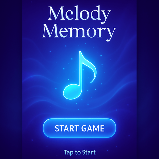 A vertical 9:16 mobile game start screen for a music-themed game called "Melody Memory". A glowing blue melody symbol floats in the center, with dreamy blue and purple gradient background. Soft abstract sound waves and light particles surround the symbol. At the top, stylish title text "Melody Memory" in elegant font. In the center, a prominent "Start Game" button with a glowing, rounded design. At the bottom, soft hint text saying "Tap to Start". Futuristic, minimalistic, high contrast, cinematic lighting, 4K, high quality, mobile UI friendly..
In-Game asset.  2d.  High contrast.  No shadows