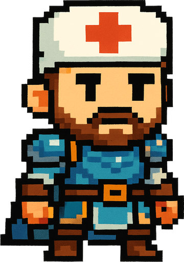 Genera una imagen de un médico guerrero pixel, y que su cabeza sea un poco más grande que el cuerpo. Y que no tenga armas 
In-Game asset.  2d.  High contrast.  No shadows