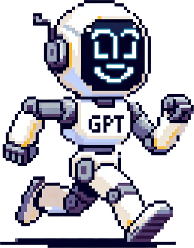pixel art of a chat gpt robot running with gpt engraved on his chest and a smiley face on his robot visor.
Single Game Texture. In-Game asset. 2d. Blank background. High contrast. No shadows.