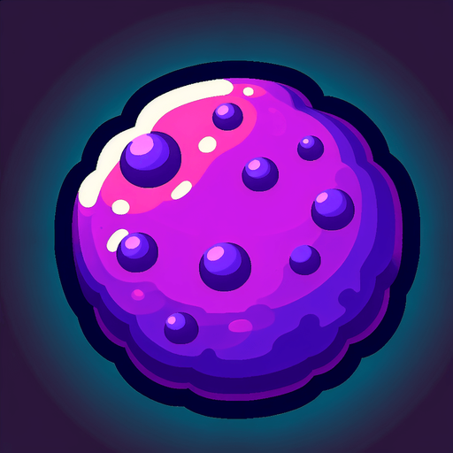 Purple cookie.
Single Game Texture. In-Game asset. 2d. Blank background. High contrast. No shadows.