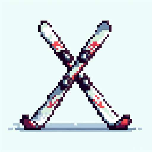 pixel art banner of a pair of skis crossed.
Single Game Texture. In-Game asset. 2d. Blank background. High contrast. No shadows.