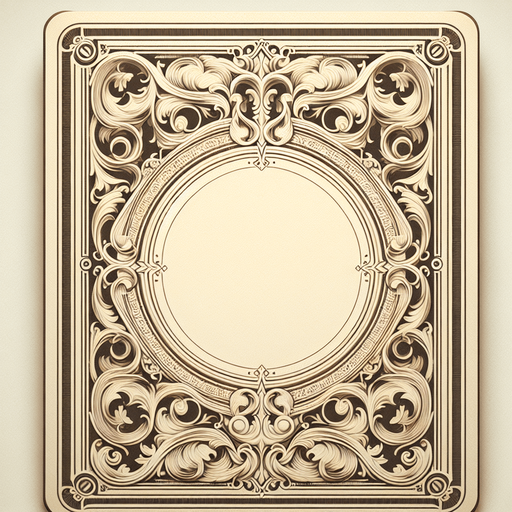 The face of a card. The card center is blank, with a antique cream background. The card is framed with an ornate design..
Single Game Texture. In-Game asset. 2d. Blank background. High contrast. No shadows.