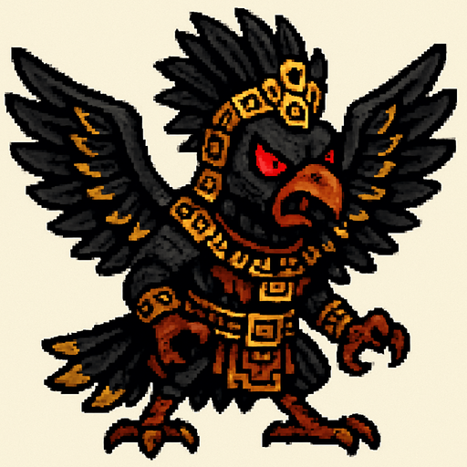 Genérame una Paujil guerrero azteca con eso patrones, estilo pixelar, con una apariencia maligna, ojos rojos, rabioso. Unidad aerea con alas. Animal.
In-Game asset.  2d.  High contrast.  No shadows