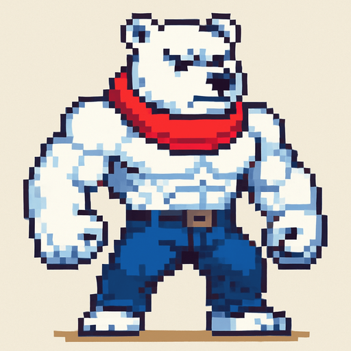 Oso polar furry fuerte con bufanda y pantalones largos y sin camisa, pixeleado.
In-Game asset.  2d.  High contrast.  No shadows