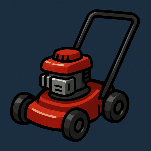 Una podadora de césped compacta y robusta, predominantemente de color rojo vibrante. Tiene un motor gris con una tapa roja en la parte superior. Cuenta con cuatro ruedas pequeñas y oscuras, y un mango largo y negro en forma de "U" invertida que se extiende hacia atrás..
In-Game asset.  2d.  High contrast.  No shadows