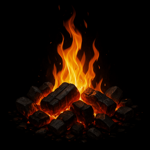 Brasas con llama, algo realista.
In-Game asset.  2d.  High contrast.  No shadows
