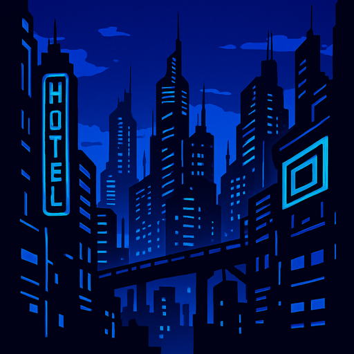 cyberpunk city for back ground. Dark blue
In-Game asset.  2d.  High contrast.  No shadows