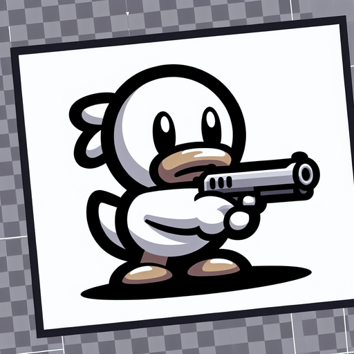 Белая мультяшная утка держит ружье и направляет в экран..
Single Game Texture. In-Game asset. 2d. Blank background. High contrast. No shadows.