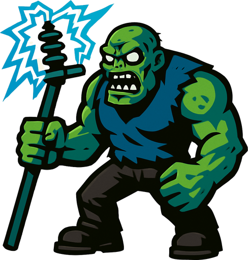 Un zombie grande ey fuerte eue sostiene un palo de electricidad.
In-Game asset.  2d.  High contrast.  No shadows