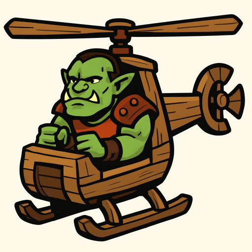 Orc in a wooden helicopter.
In-Game asset.  2d.  High contrast.  No shadows