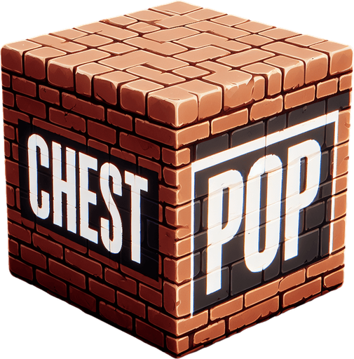 a forward facing brick with the writing "Chest Pop" Single Game Texture. In-Game asset. 2d. Blank background. High contrast. No shadows.