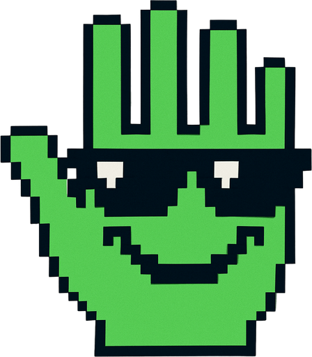 make an 2d green pixel hand palm with sun glasses and smile.
In-Game asset.  2d.  High contrast.  No shadows