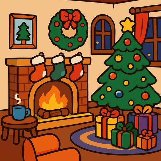 a cartoon style 3d image of a cozy christmas living room with a cozy fire in a fireplace..
In-Game asset.  2d.  High contrast.  No shadows