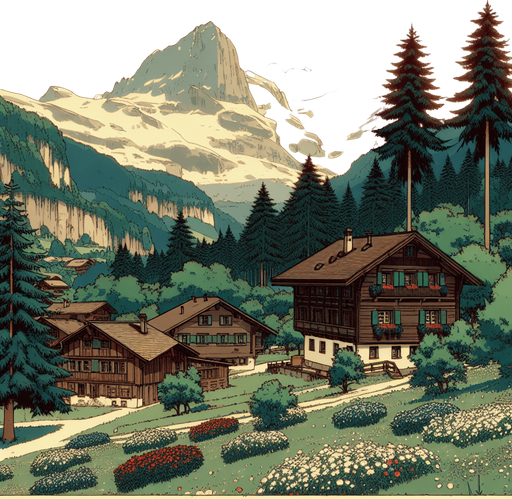 anime image 2d ghibli style. swiss forrest 
mountain and traditional village.
Single Game Texture.  In-Game asset.  2d.  Blank background.  High contrast.  No shadows