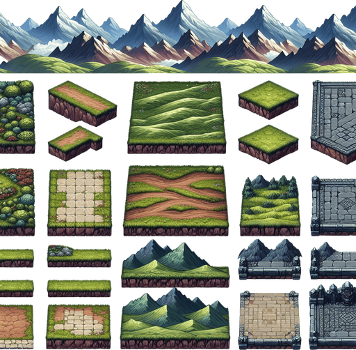 A tilesheet showing different terrains for the ground and platforms in an endless runner game. Some segments should be horizontal, while some should be going slightly uphill or downhill. Each segment should be approximately the same length, and they should have similar textures that allow them to more or less seamlessly be pieced together to form larger stretches. The tileset should only include the ground segments and not any backgrounds. Mountaineous, grassy, medieval fantasy..
Single Game Texture. In-Game asset. 2d. Blank background. High contrast. No shadows.