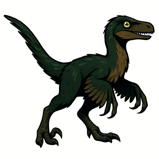 A sleek Deinonychus dinosaur covered with dark green and brown feathers, showing a mix of short downy feathers on the body and longer, quill-like feathers on the arms and tail. It has bright, alert eyes and a narrow head with sharp teeth visible. The legs are muscular with the signature sickle-shaped claws. Feathers have a glossy texture, giving the dinosaur a dynamic, bird-like appearance..
In-Game asset.  2d.  High contrast.  No shadows