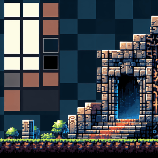 Dungeon pixelado.
Single Game Texture.  In-Game asset.  2d.  Blank background.  High contrast.  No shadows