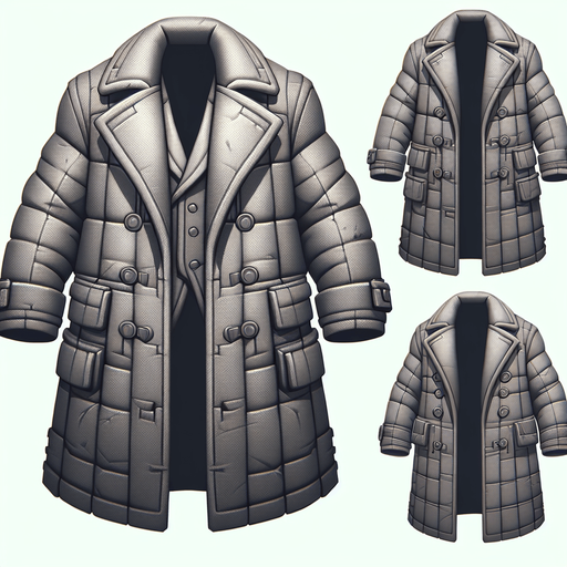 big coat.
Single Game Texture.  In-Game asset.  2d.  Blank background.  High contrast.  No shadows