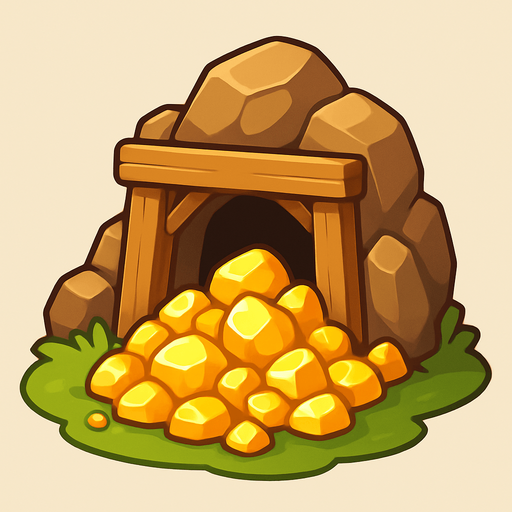 Crea un nodo de recurso de Mina de Oro en un estilo 2D renderizado, limpio y cartoonish, con contornos claros y definidos, colores vibrantes con transiciones suaves, y sombreado que dé volumen. Debe ser fácilmente reconocible como una fuente de oro..
In-Game asset.  2d.  High contrast.  No shadows