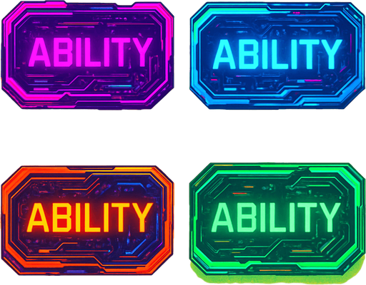 Buttons have text 'Ability'. cyberpunk. abstract. Futuer. different colors. HD colors. yellow background