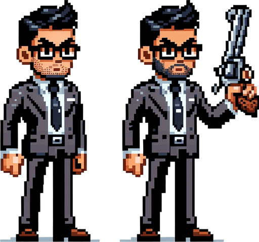 Single Game Texture. In-Game asset. 2D. Blank background. High contrast. No shadows. A pixel-art HR professional wearing a suit and tie, glasses, and holding an oversized cartoonish gun. The character should have a confident stance, professional yet whimsical, styled for a retro game.
Single Game Texture. In-Game asset. 2d. Blank background. High contrast. No shadows.