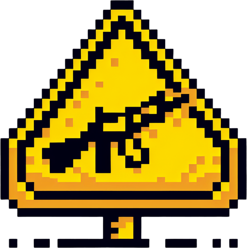 yellow warning sign. flat pixelated. 8 bit..
Single Game Texture. In-Game asset. 2d. Blank background. High contrast. No shadows.