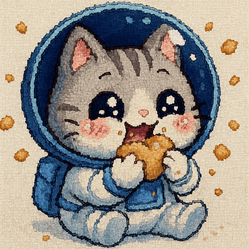 A cute kitten, illustrated in an adorable chibi anime style and wearing an astronaut suit, is joyfully eating as if it hadn’t had a meal in ages. Its eyes sparkle with delight, and crumbs float around in zero gravity.