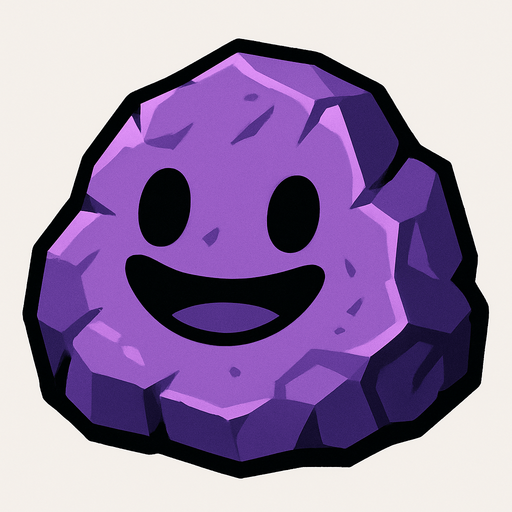 Genera una imagen de una roca morada sonriente.
In-Game asset.  2d.  High contrast.  No shadows