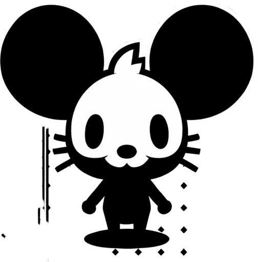 top-down view, videogame kitchen mickey mouse 
character, 90s style sticker, flat, no perspective, silhouette,  black and white, cartoon, fun, simple,.
Single Game Texture. In-Game asset. 2d. Blank background. High contrast. No shadows.