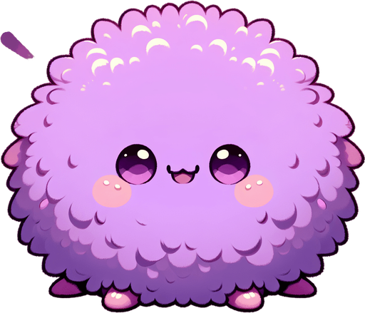 a purple furry cuddly ball of fur. little feet. No ears. cute happy face. Cartoon style. Cute art style. Simple vector style. Pastel colors, flat shaded, vector art. Single Game Texture. In-Game asset. 2d. Blank background. High contrast. No shadows