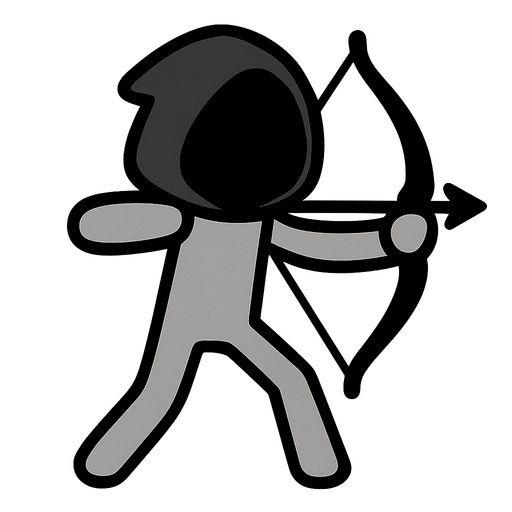 Gray stickman with it's face covered with a black hood equipped with a bow
In-Game asset.  2d.  High contrast.  No shadows, no eyes