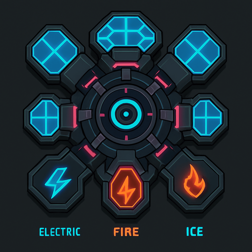 top-down view, transformable virus defense tower, modular energy panels, electric fire ice modes, adaptive cyber node design, neon highlights.
In-Game asset.  2d.  High contrast.  No shadows