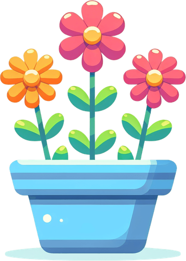 3 nice colored flowers in a single light blue pot..
In-Game asset. 2d. Blank background. High contrast. No shadows. No perspective.