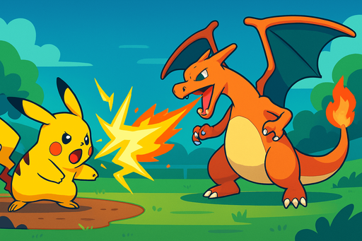 Fullscreen modern App Store landscape banner, 16:9, high definition, for a game titled "Pokémon PvP: Battle Arena" and with the description "A real-time 2D Pokémon battle game where players control a Pokémon, use attacks, dodge, and outlast their opponent in quick PvP matches.". No text on banner!