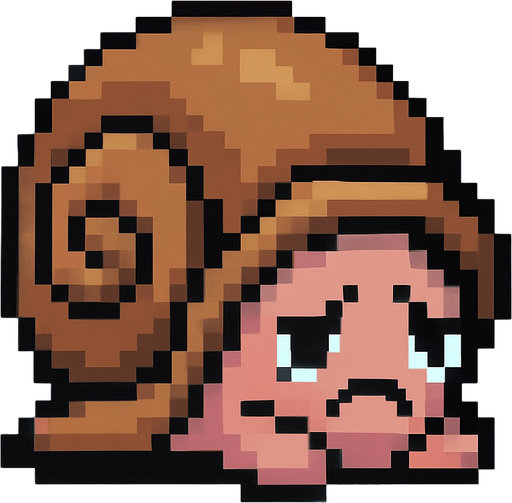 desperate depressive cute snail is hiding in shell 2d pixel art.
In-Game asset.  2d.  High contrast.  No shadows