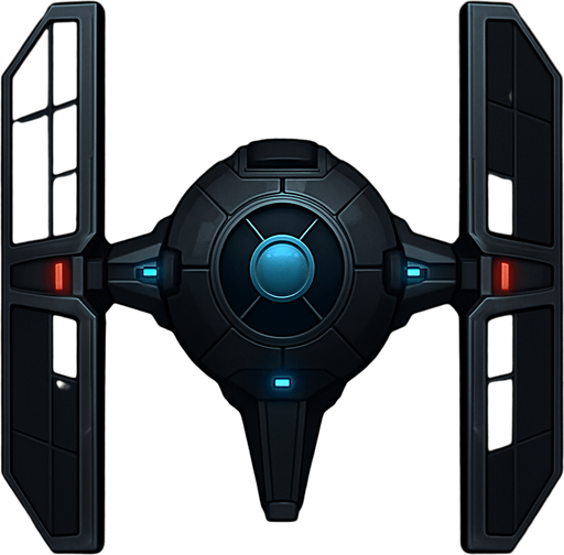 A clean and stylized top-down view of a futuristic sci-fi fighter inspired by classic space opera designs. The ship features a central cockpit sphere with two large vertical wing panels on each side, connected by sleek metallic arms. The design is symmetrical with dark gray and black tones, accented with subtle glowing blue or red highlights. The icon has sharp, simplified details for clarity at small sizes, with a dark background to enhance contrast. Square or circular format, 1024x1024 resolution, high detail, sci-fi concept art style. Original design, copyright-safe, evoking the essence of iconic space fighters..
In-Game asset.  2d.  High contrast.  No shadows