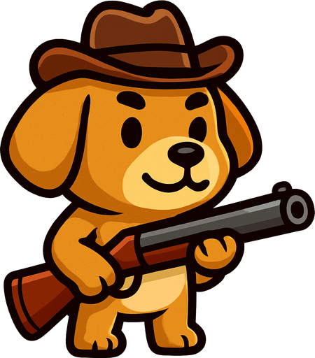 a dog cute dog with a hat and a shotgun.
In-Game asset.  2d.  High contrast.  No shadows