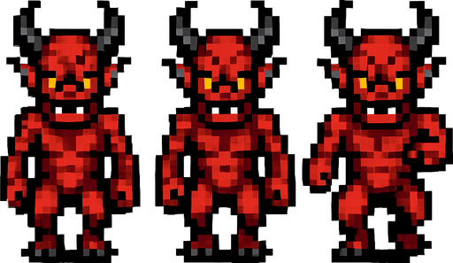 A sprite sheet for a demonic imp.Two walking sprites alternating feet and one attack sprite. Straight forward frontal view. Imp is facing the camera. White background. Retro pixel art..
In-Game asset.  2d.  High contrast.  No shadows
