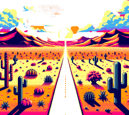 desert landscape with a straigth road centered..
video game style