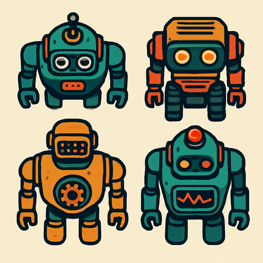 Robot algo viejos vistos desde arriba.
In-Game asset.  2d.  High contrast.  No shadows
