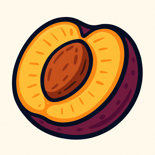 Ciruela Fruta cortada por la mitad.
In-Game asset.  2d.  High contrast.  No shadows. Cartoon.