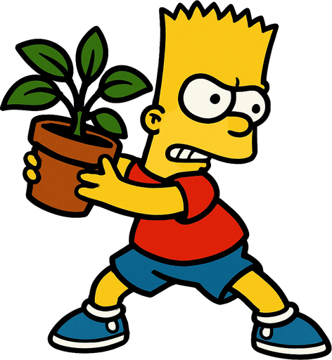 Bart holding a pot with a plant and is about to throw it.
In-Game asset.  2d.  High contrast.  No shadows