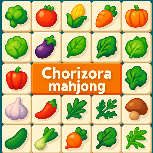 Mahjong game background of vegetables and plants, have text in the middle of it "Chorizora mahjong".
In-Game asset.  High contrast.  No shadows. 3D
