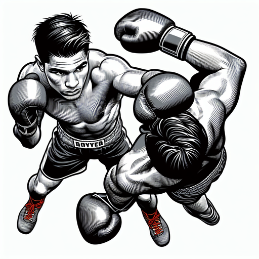 Un boxeur vu de dessus dans 2 positions : en garde et frappe.