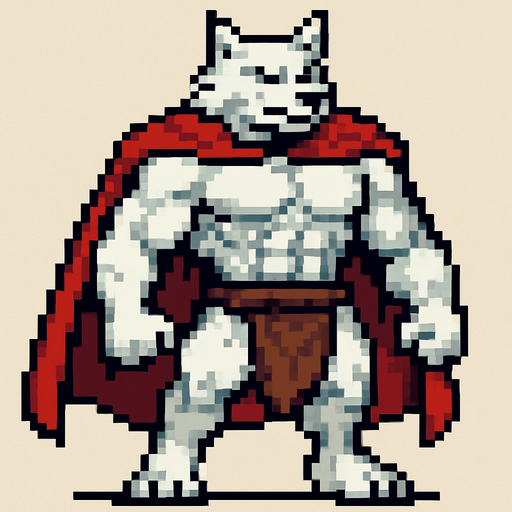 Lobo blanco fuerte revelando sus pectorales pero usando una capa y un taparrabos, que se vea todo su cuerpo y pixelado.
In-Game asset.  2d.  High contrast.  No shadows