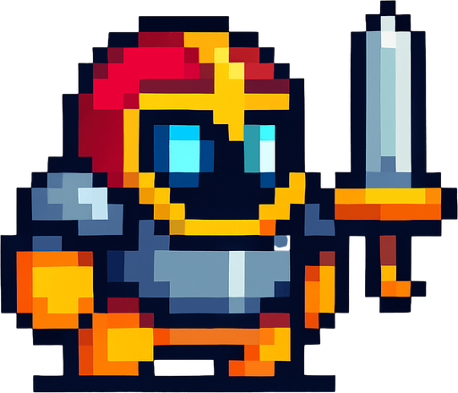 Crea un personaje estilo pixel art, un guerrero simple y fácil de animar. No debe tener manos ni piernas visibles, solo un cuerpo principal con forma redonda u ovalada. El diseño debe sugerir que es un guerrero usando colores llamativos, ojos brillantes o una armadura pixelada pegada al cuerpo. Puede tener una espada flotando al lado o en la espalda como decoración. Debe verse como un personaje de videojuego, pero sin partes que necesiten animación compleja..
In-Game asset.  2d.  High contrast.  No shadows