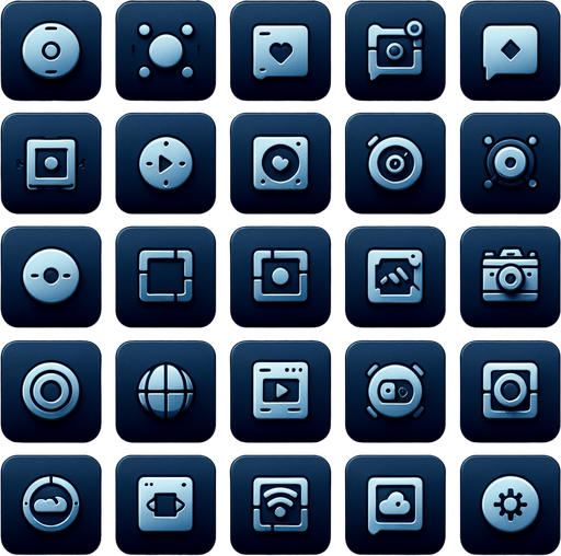Collection of high definition modern rounded squares buttons.
icons : image, frame, ...
Simple backgrounds. 
Few dark-blue colours .
