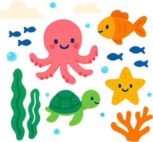 Fond d'écran océan mignon.
In-Game asset.  2d.  High contrast.  No shadows